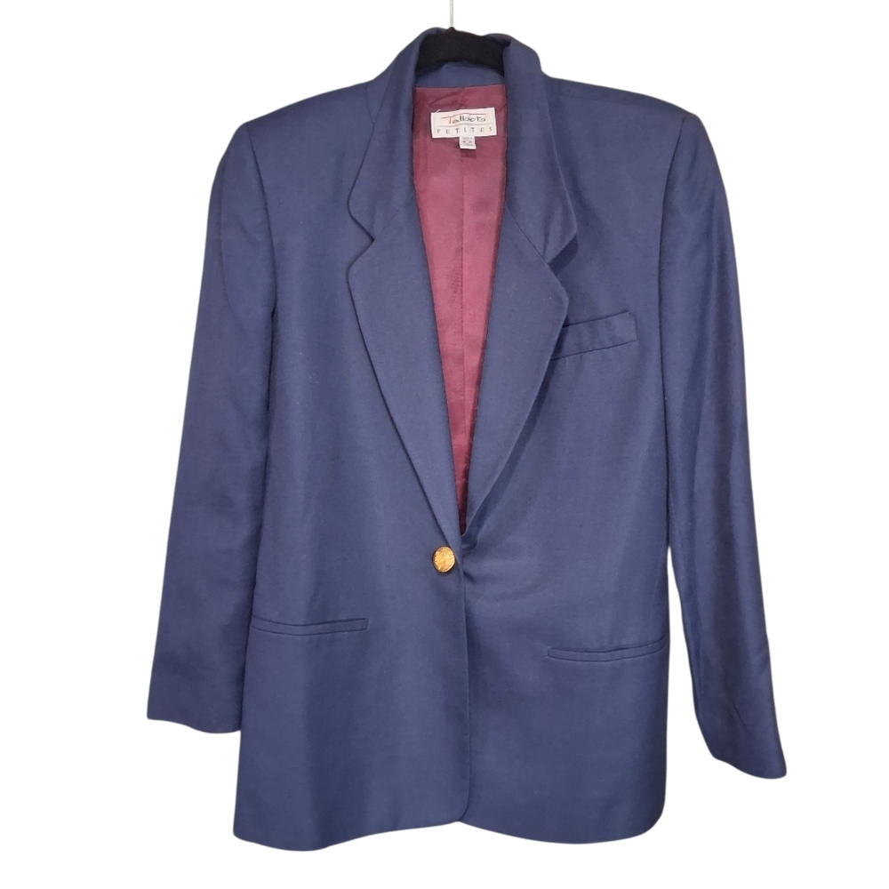 Talbots Linen Blazer Gold Button Navy Blue Size 2 Petite Career Italian Fabric